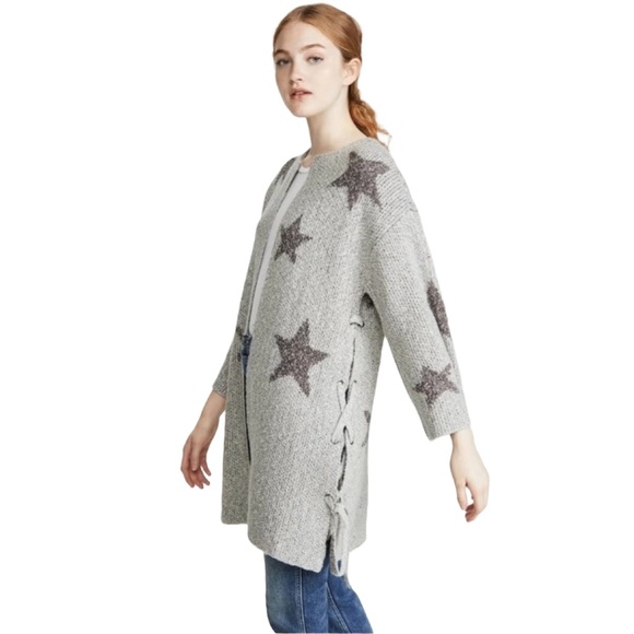 Cupcakes And Cashmere Grey Knit Etoile Star Open Front Long Cardigan Sweater - Picture 2 of 8